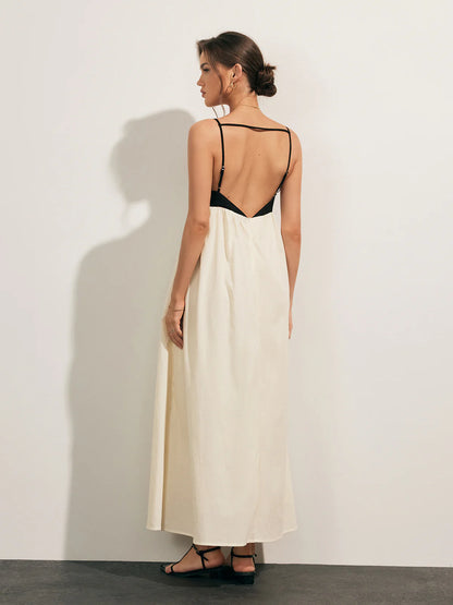 Contrast Open-Back Pocket Long Dress