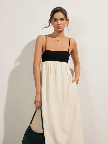 Contrast Open-Back Pocket Long Dress