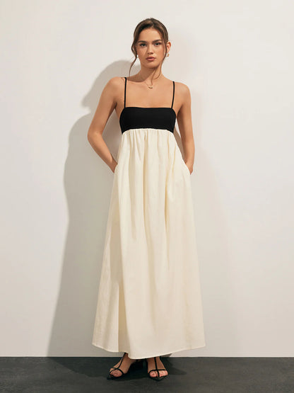 Contrast Open-Back Pocket Long Dress
