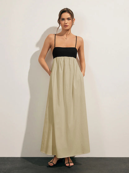 Contrast Open-Back Pocket Long Dress